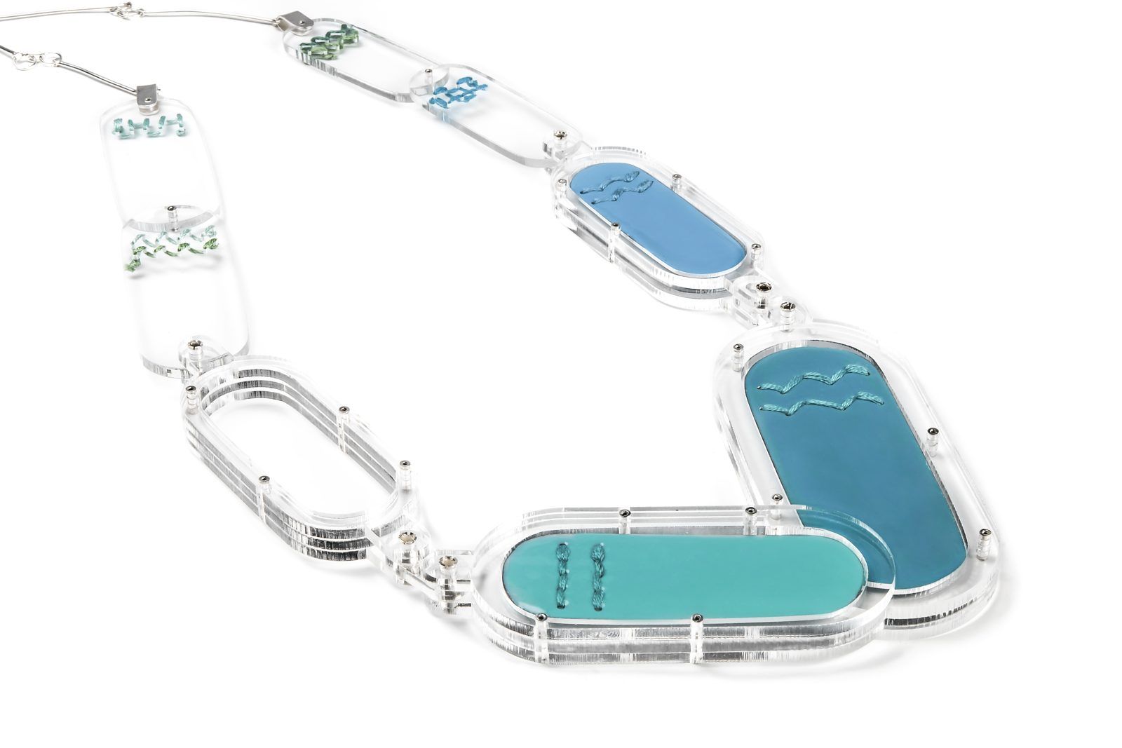 Necklace with teal pill-shaped enamel links