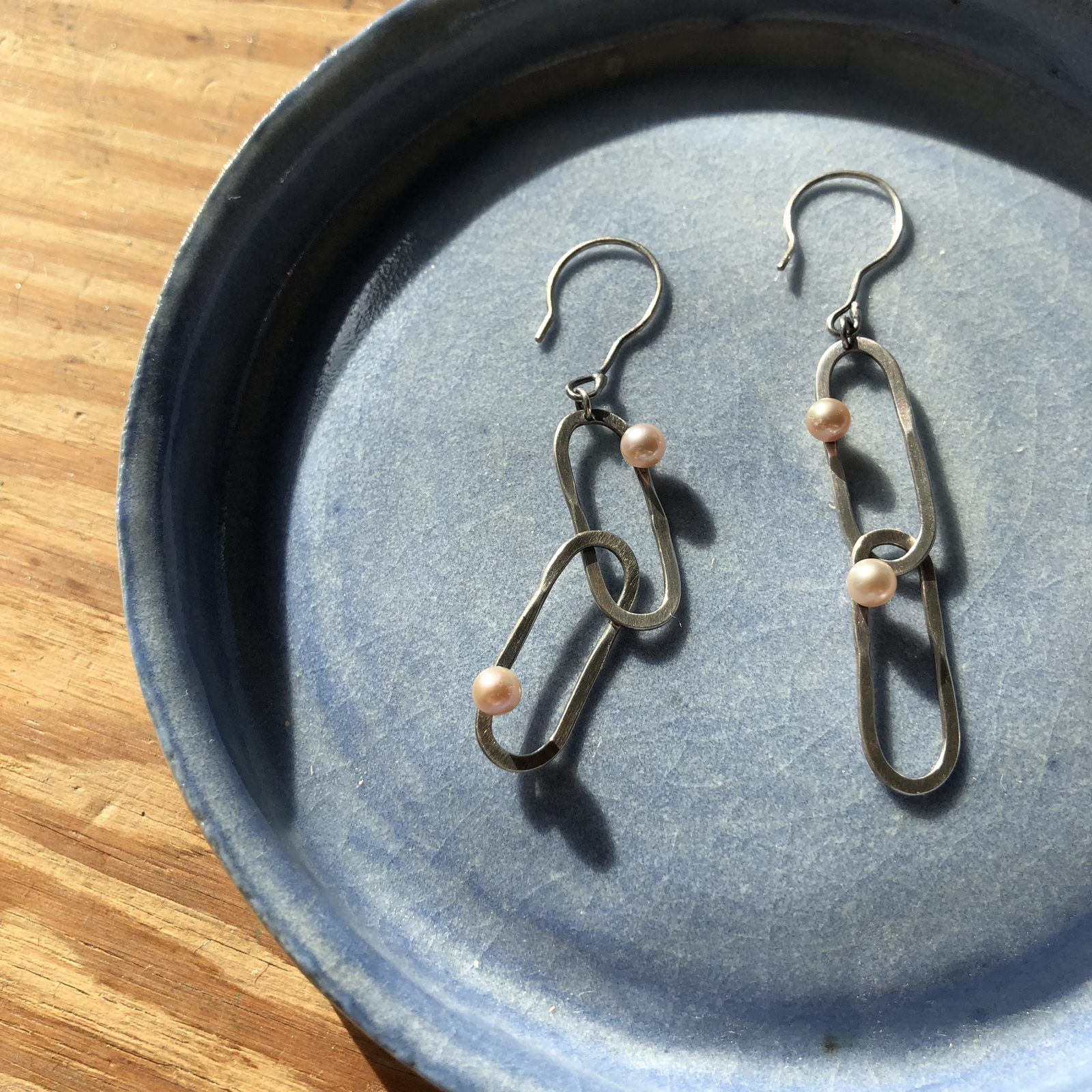 Oxidized silver link drop earrings with pearls
